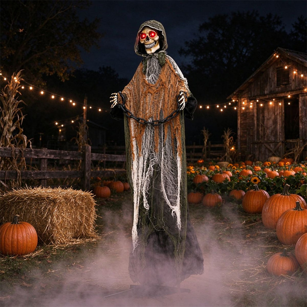 5.7FT Halloween Animated Grim Reaper Decoration, Sound Activated Moving Head & Swinging Hands, Scary Animatronic Prop with Glowing Eyes Spooky Sounds for Yard Lawn Haunted House Party