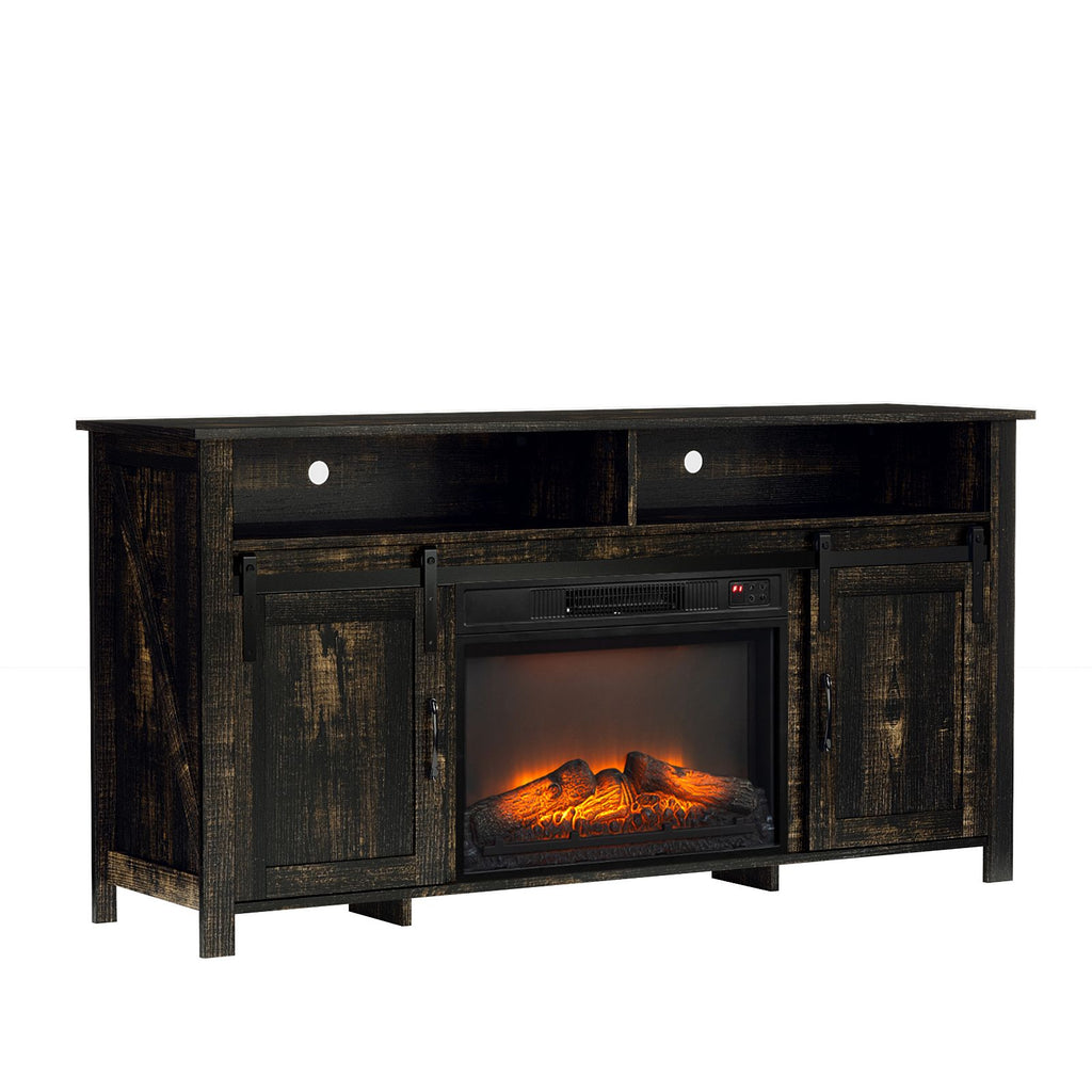 58" Black Gold Oak Barn Door Fireplace TV Stand for 23" Insert, Sliding Track Design
