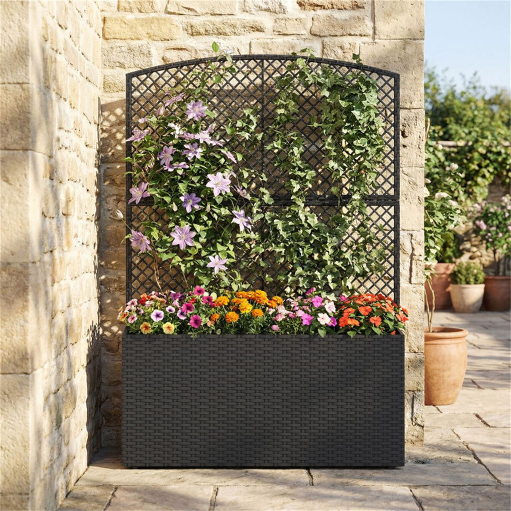 58" Black PE Rattan Raised Garden Bed with Trellis Adjustable Foot Pads Outdoor Planter Box