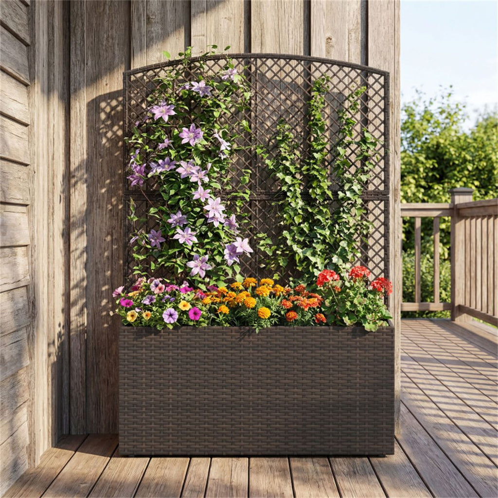 58" Brown PE Rattan Raised Garden Bed with Trellis Adjustable Foot Pads Outdoor Planter Box