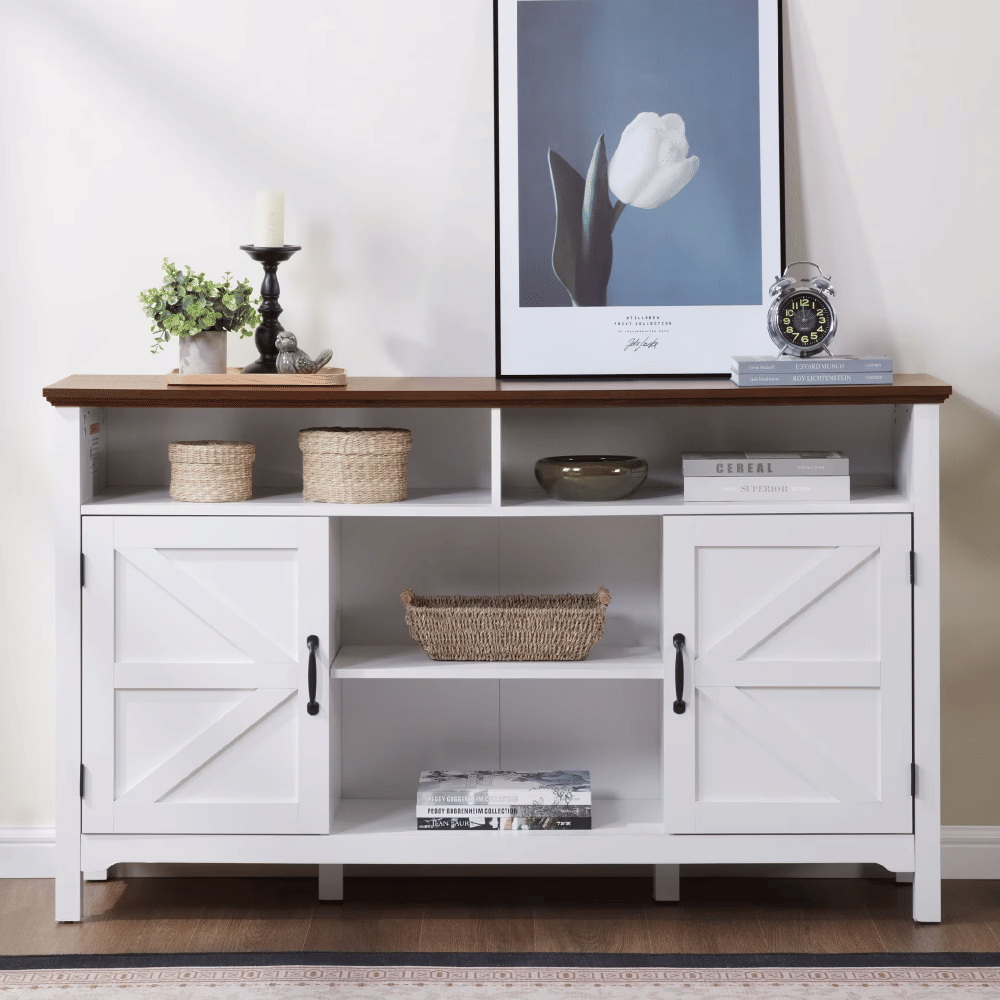 58" Farmhouse Sideboard Buffet Cabinet with Hinged Barn Doors,KitchenStorageCabinet with Adjustable Shelves, Coffee Bar Cabinet, Wood Console CabinetforDining, Entryway, Antique White