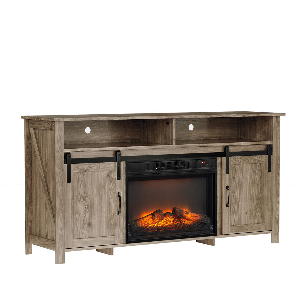 58" Gray Wash Barn Door Fireplace TV Stand for 23" Insert, Sliding Track Design