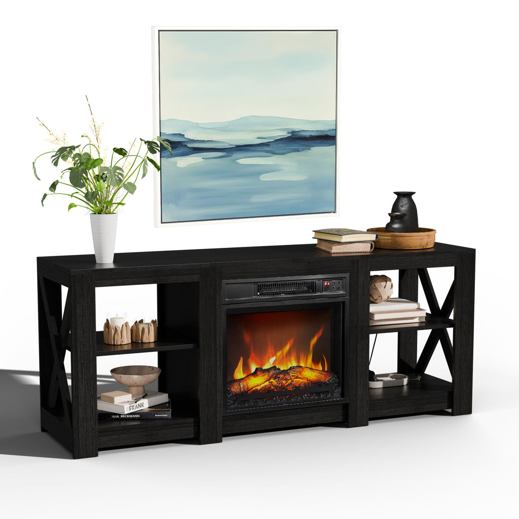 58 Inch Black Double-Sided Cross Fireplace Cabinet with 18 Inch Fireplace Core, 149 * 40 * 60cm Freestanding Fireplace Console