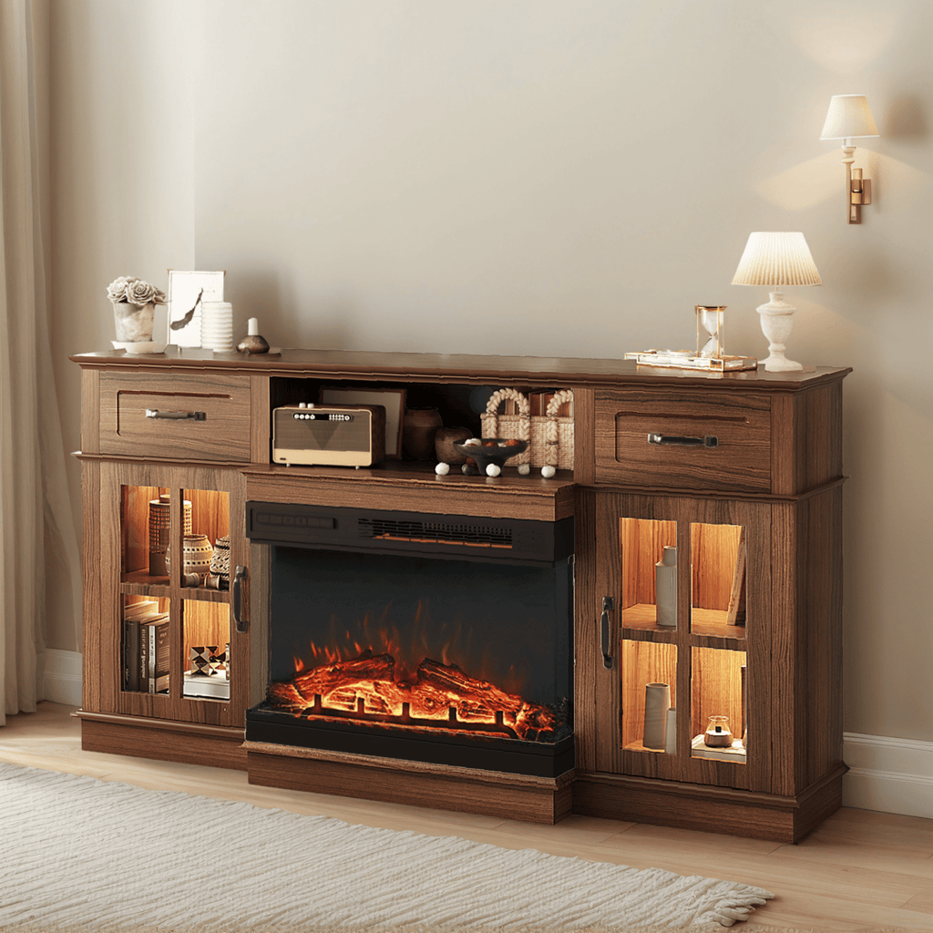 58-inch Deep Walnut Electric Fireplace TV Stand - 2 Lattice Glass Doors, 2 Drawers & Adjustable Shelf, Compatible with 24" 3-Sided Glass Insert