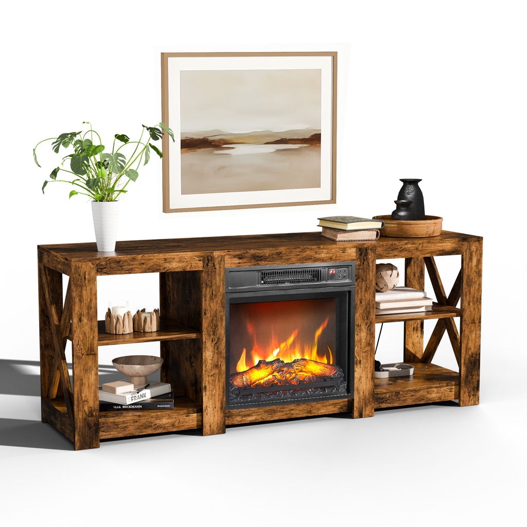 58 Inch Rot Wood Color Double-Sided Cross Fireplace Cabinet with 18 Inch Fireplace Core, 149 * 40 * 60cm Freestanding Fireplace Console