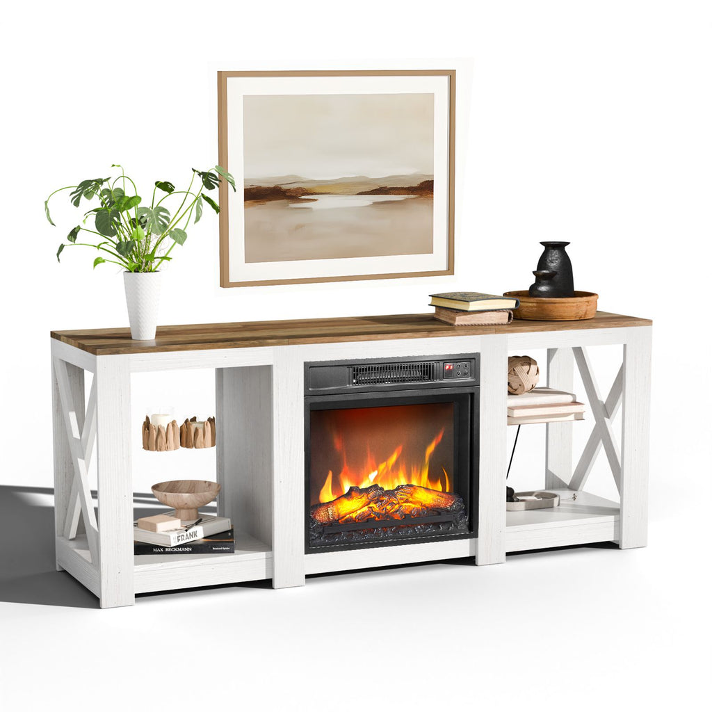 58 inch washed white cabinet+brown countertop double-sided cross fireplace cabinet 147.3 * 40 * 60 18 inch fireplace core