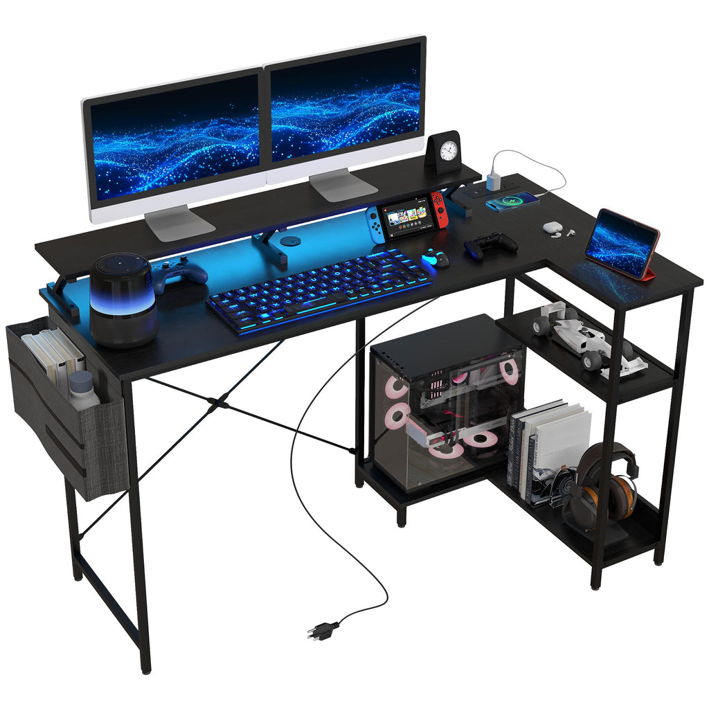 58" Reversible L Shaped Computer Desk, Corner Desk with Monitor Stand, Power Outlets and LED Lights, Black