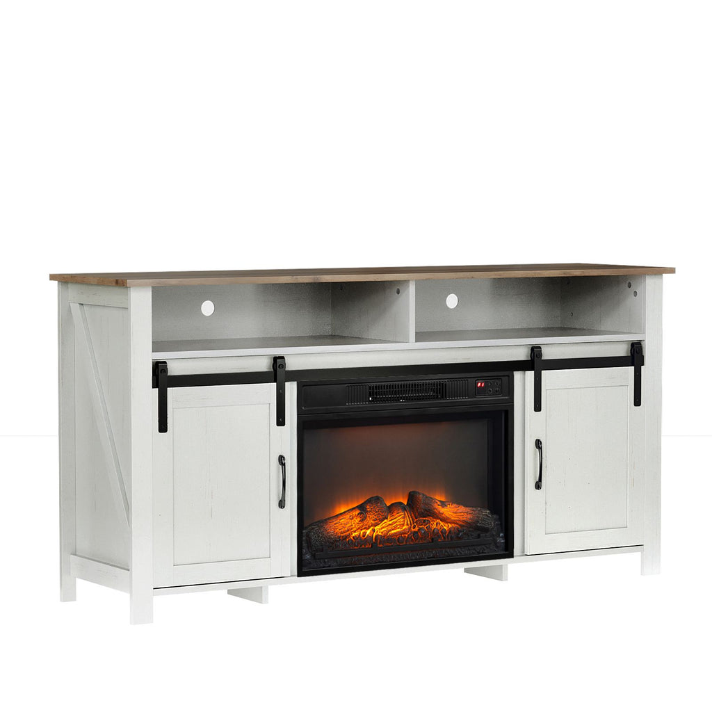 58" White Wash & Brown Top Barn Door Fireplace TV Stand for 23" Insert, Sliding Track Design