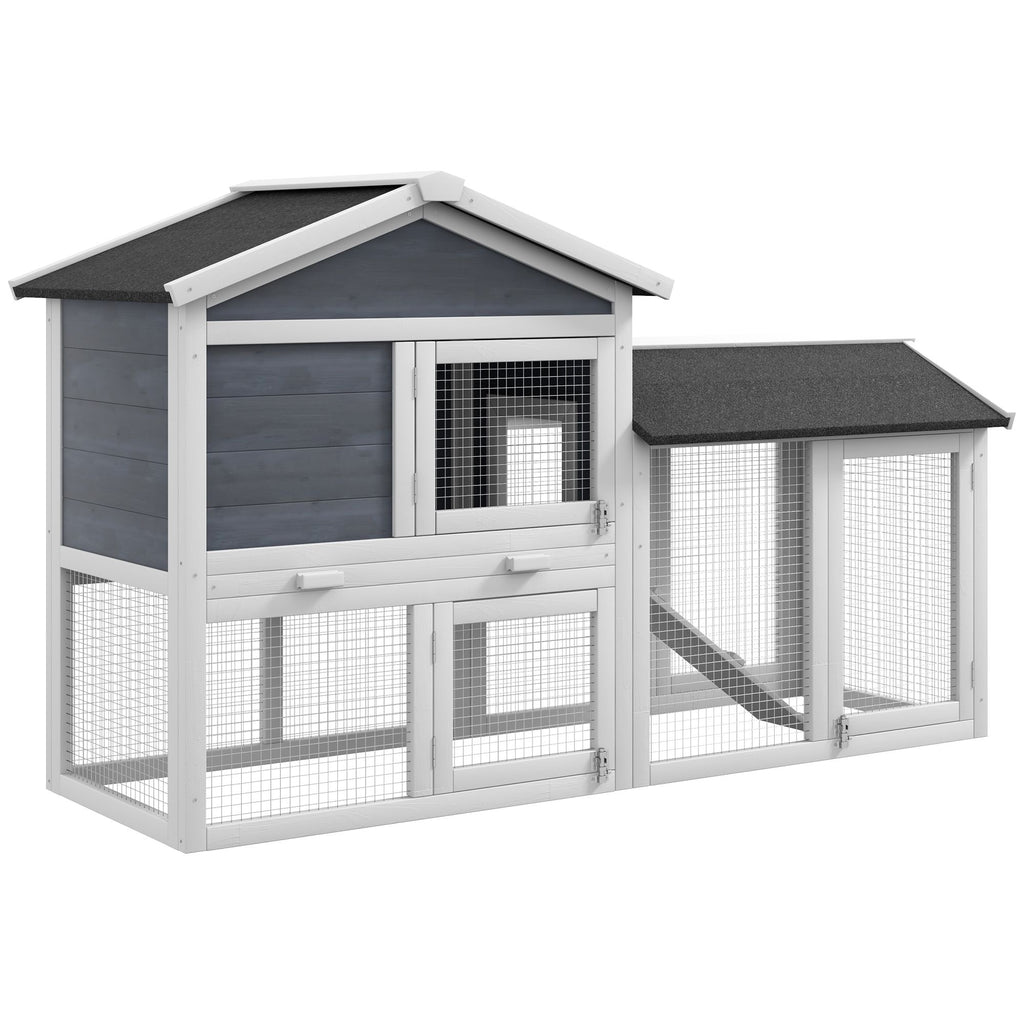 58" Wooden Rabbit Hutch with Run, Removable Tray, Asphalt Roof, Lockable Doors and Ramp, Gray