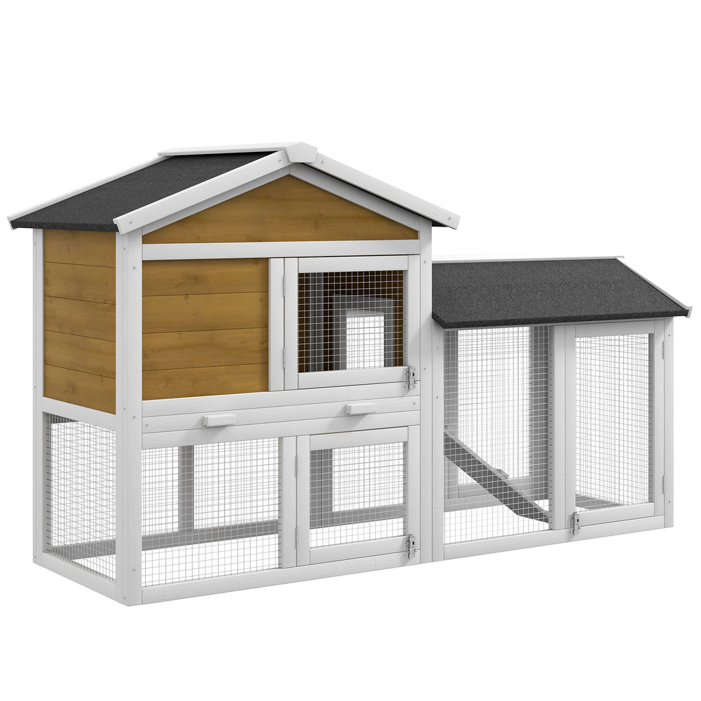 58" Wooden Rabbit Hutch with Run, Removable Tray, Asphalt Roof, Lockable Doors and Ramp, Yellow