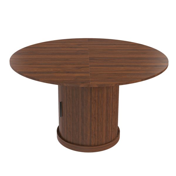 59" Extendable Oval Dining Table with 2-Tier Storage for 4-6, Space Saving Expandable Kitchen Table in Walnut Brown, MDF with Walnut Finish & Pedestal Base
