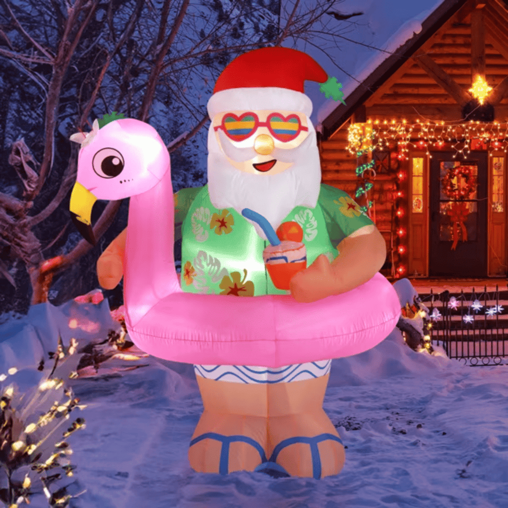 5.9 ft Pre-Lit Christmas Inflatable with Hawaiian Santa and Flamingo Float, Built-in LEDs, Multicolor