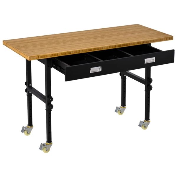 59" Garage Work Bench with Drawer and Wheels, Height Adjustable Legs, Bamboo Tabletop Workstation Tool Table