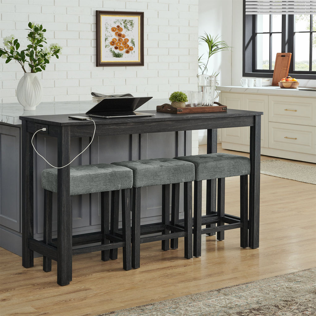 59 Inch Bar Table, Dining Table, Sofa Table with Power Outlet, 3 Upholstered Stools, 4 Piece Bar Table and Chair Set for Living Room, Dining Room, Kitchen