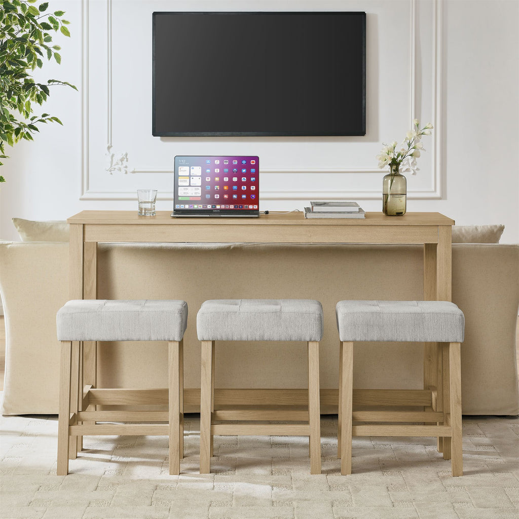 59 Inch Bar Table, Dining Table, Sofa Table with Power Outlet, 3 Upholstered Stools, 4 Piece Bar Table and Chair Set for Living Room, Dining Room, Kitchen