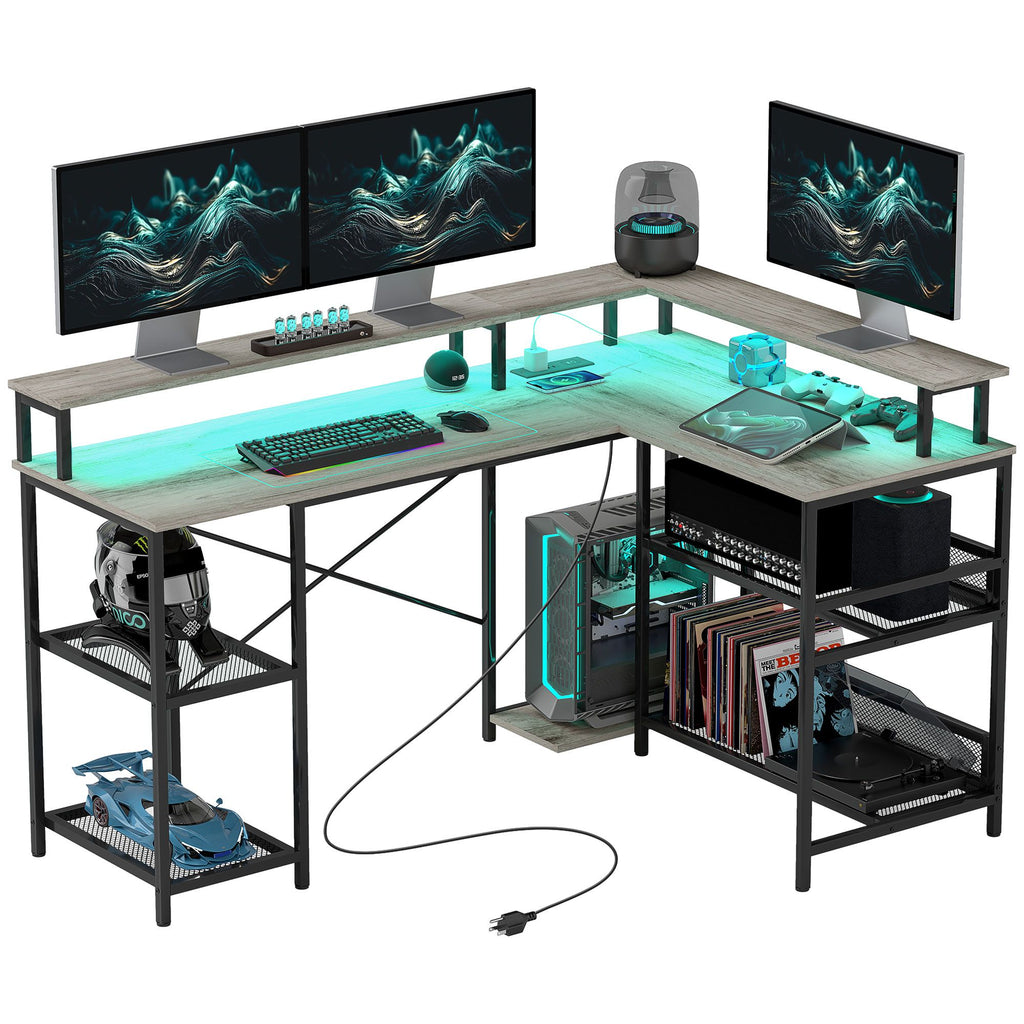 59" L Shaped Desk with Storage, Corner Desk with LED Lights and Power Outlets for Home Office, Small Space, Gray