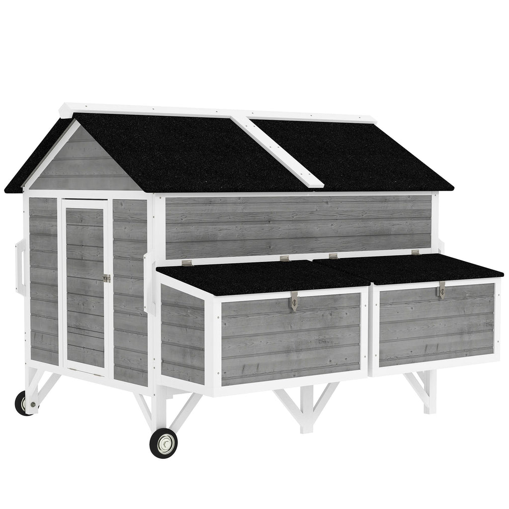 59" Wooden Chicken Coop w/ Wheels, Handles, 2 Nesting Boxes, 2 Trays, 4 Perches, Chicken Tractor for 4-6 Chickens, Gray