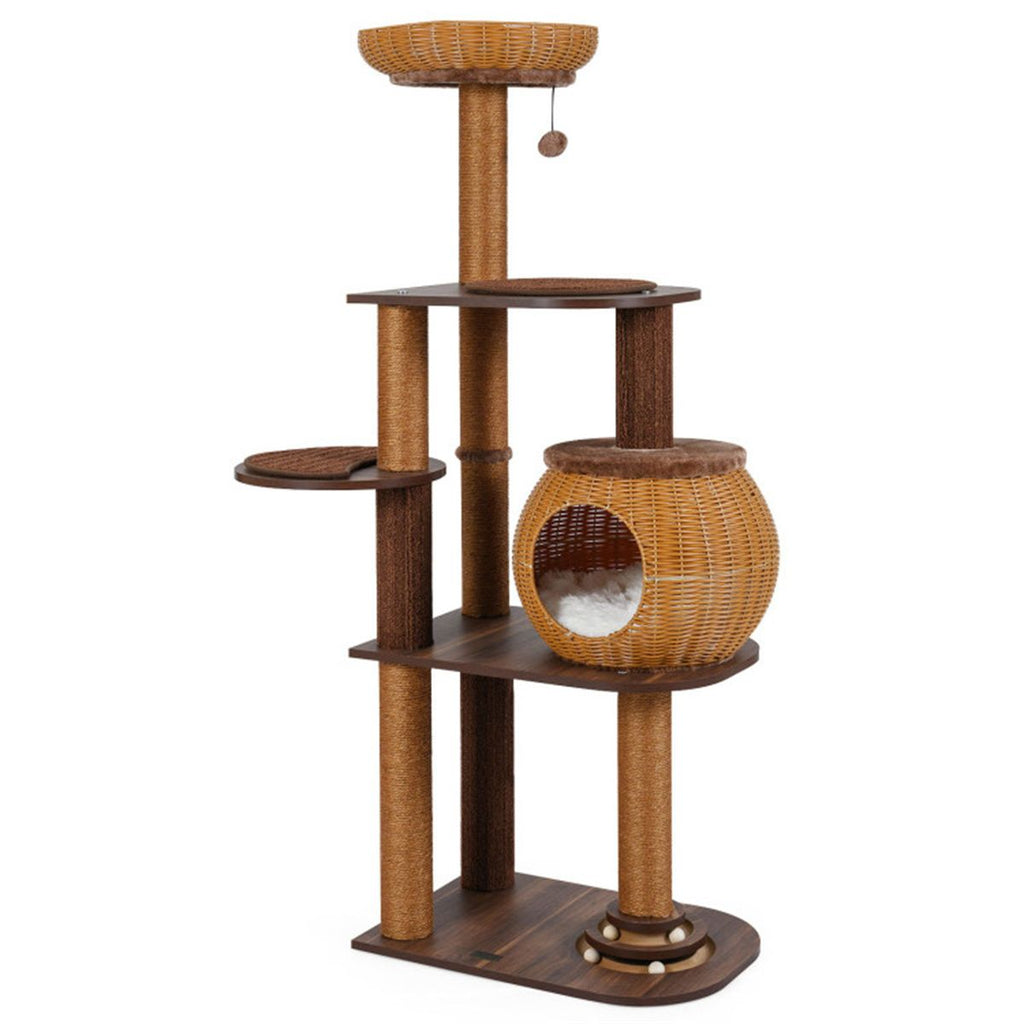 59.5" Rattan Woven Cat Tree with Cat Condo & Top Perch Multi-Level Cat Tower