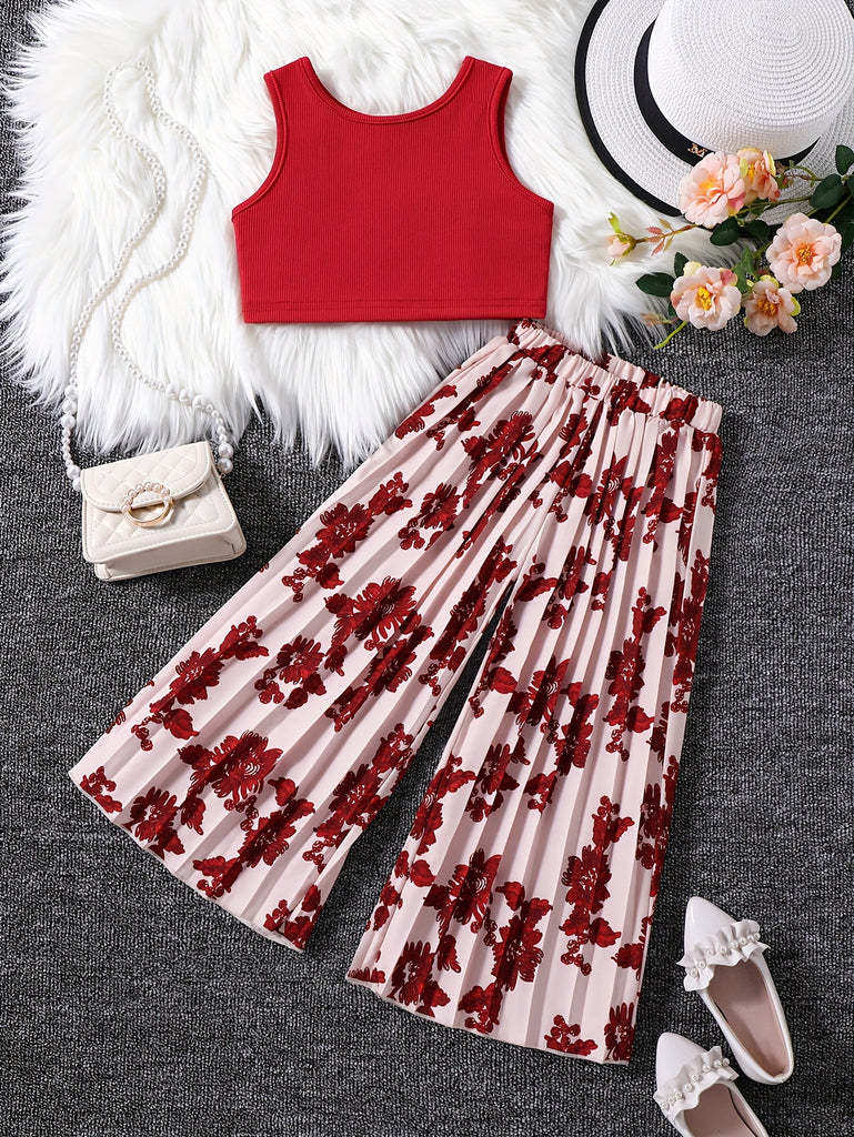 2pcs Girl's Boho Sleeveless Solid Crop Top + Wide-leg Pants Casual Set, Girls Outfit Summer Clothes