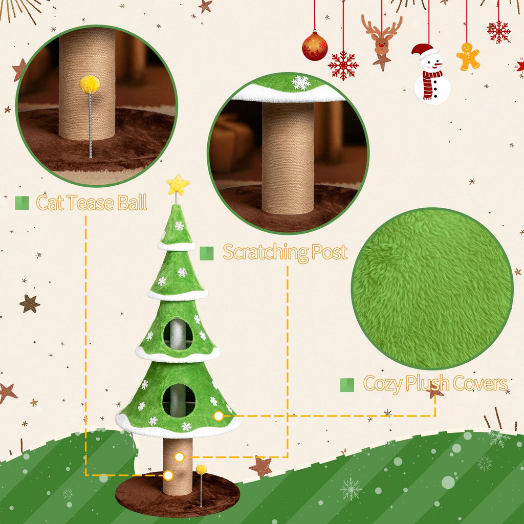 59in Large Tall Christmas Tree Cat Tower with 2 Cat Condos & Scratching Post, Soft Fleece Cat Tree with Teaser Toy & Sturdy Base & Built-in Openings for Indoor Cats, Green & White