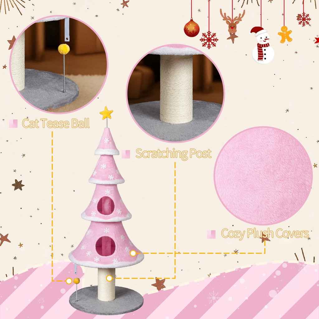 59in Large Tall Christmas Tree Cat Tower with 2 Cat Condos & Scratching Post, Soft Fleece Cat Tree with Teaser Toy & Sturdy Base & Built-in Openings for Indoor Cats, Pink