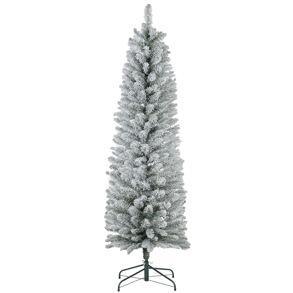 5ft Artificial Christmas Tree, Snow Flocked Branches, Metal Base, Pencil Xmas Tree