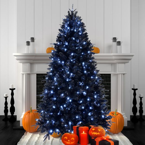 5ft Black Christmas Tree with 250 White LED Lights, 1076 Tips PE+PVC Artificial Tree for Halloween & Holiday Decor, Hinged Structure with Stable Metal Stand