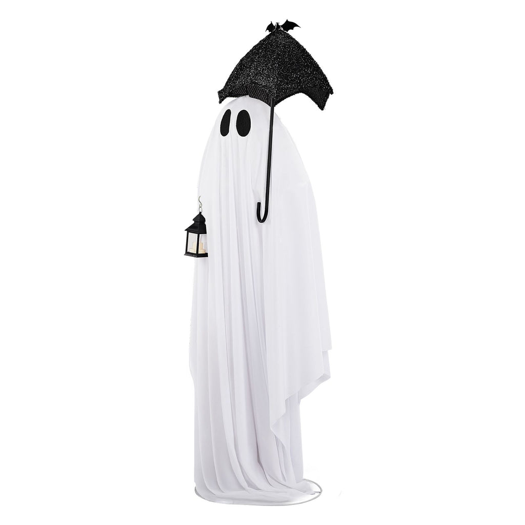 5ft Black & White Umbrella Ghost Halloween Decoration with 100 Warm White LED Wire Lights, 30V 3.6W Adapter, Light-Up Spooky Holiday Decor