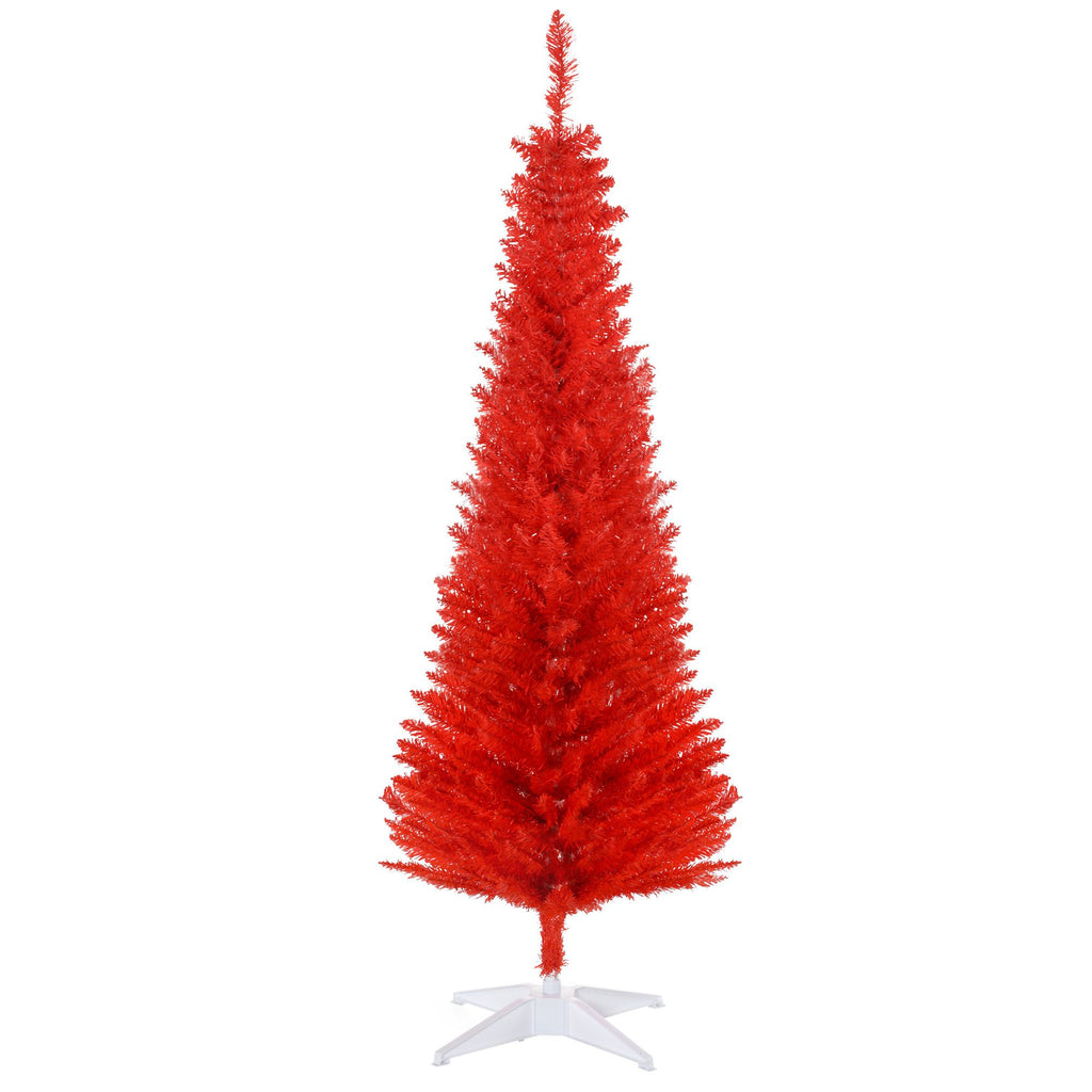 5FT Decorated Christmas Tree, Pencil Christmas Tree with 294 Realistic Branch Tips and Plastic Stand, Red