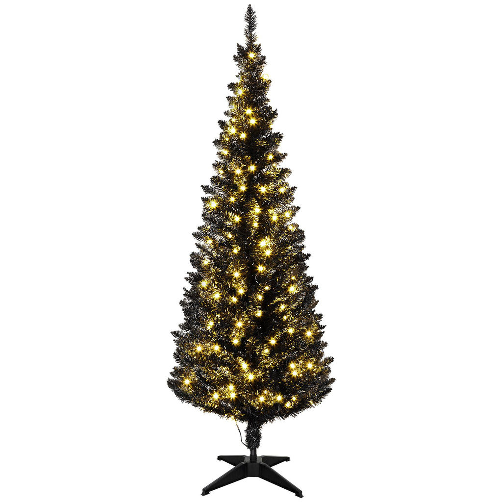 5ft Pencil Christmas Tree, Slim Artificial Christmas Tree with Realistic Branches and Warm White LED Lights, Black