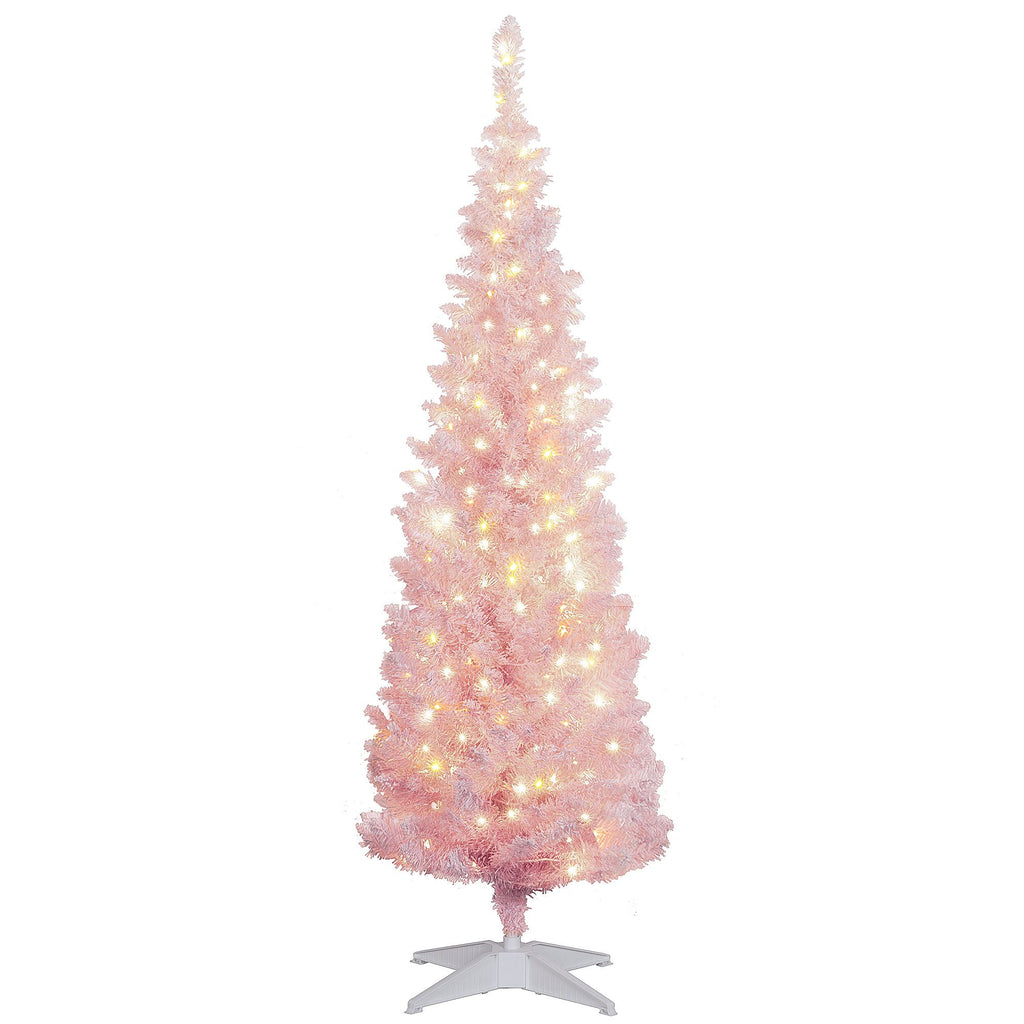 5ft Pencil Christmas Tree, Slim Artificial Christmas Tree with Snow Flocked Branches and Warm White LED Lights, Pink