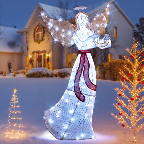 5ft Pre-Lit Christmas Angel Decor - 120 Cold White LEDs, IP44 Waterproof, Metal+Mesh Fabric