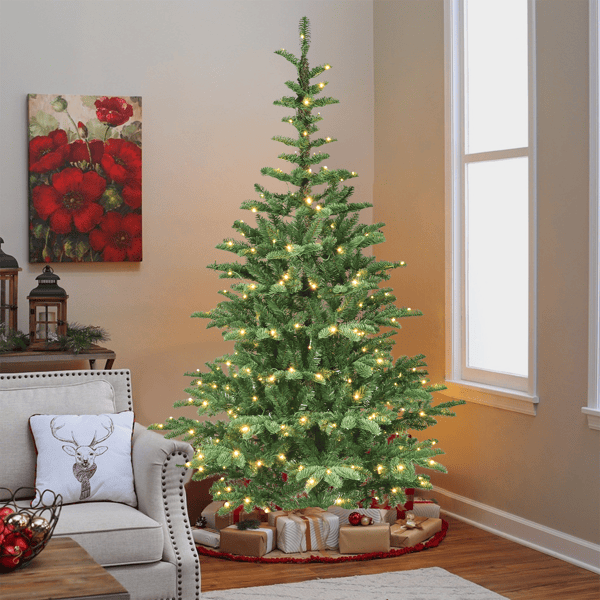 5ft Pre-Lit Christmas Tree with 200 Warm White LED Lights, 403 PE+PVC Tips, Realistic Layered Look, Unique Wooden Base – Full Artificial Holiday Tree for Home Decor