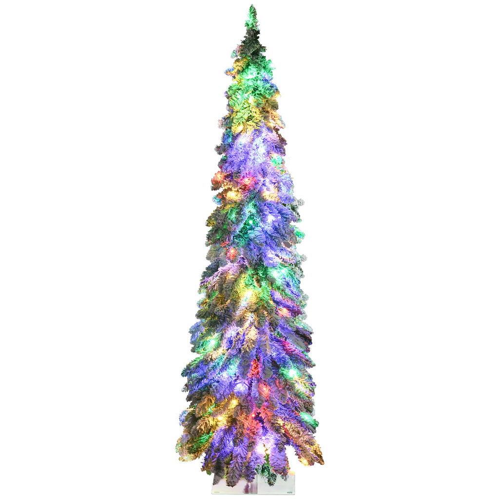 5ft Prelit Slim Pencil Christmas Tree Snow Flocked with 150 LED Lights Downswept Design for Holiday Decor