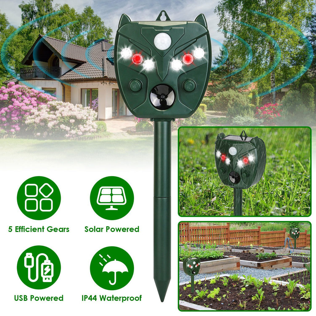 5Setting Outdoor Ultrasonic Deterrent Unit, Solar and Micro USB Dual Charging, PIR Motion Detection, IP44 ABS Construction, 2Way Mount for Garden, Backyard & Farm Use