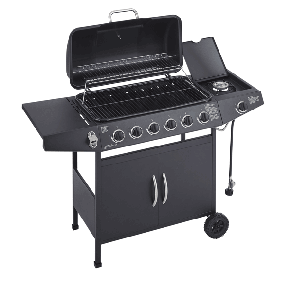 6 Burner BBQ Propane Gas Grill with Side Burner 59000 BTU Output Stainless Steel Barbecue Grill with Enamel-Coated Grates and Side Tables for Outdoor Cooking Kitchen and Patio Backyard.
