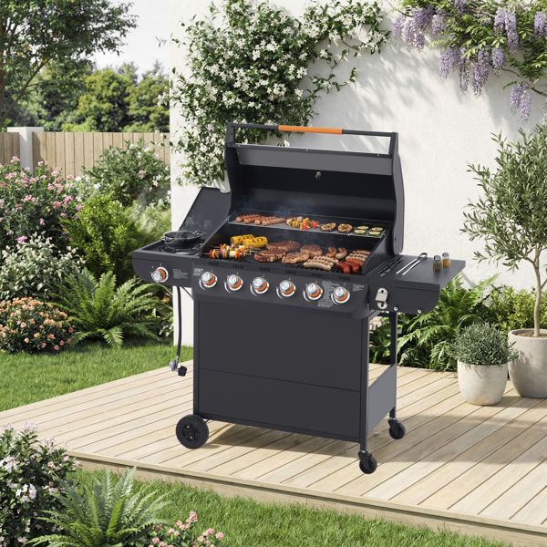 6 Burner BBQ Propane Gas Grill with Side Burner 72000 BTU Output Stainless Steel Barbecue Grill with Cast Iron Grates and Side Tables for Outdoor Cooking Kitchen and Patio Backyard.
