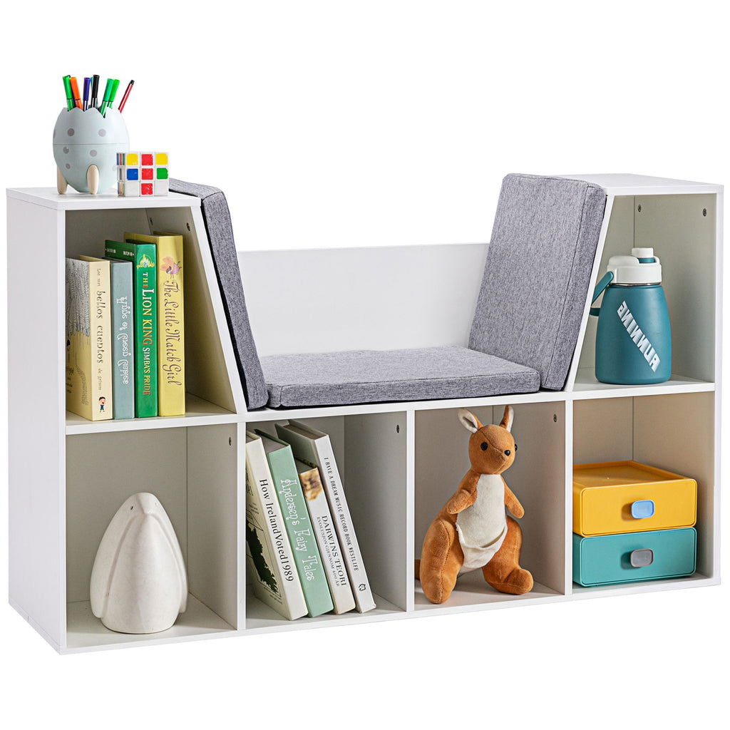 6-Cubby Kids Wooden Bookshelf with Seat Cushion, White Toddler Storage Cabinet Shelf for Playroom Bedroom Organization