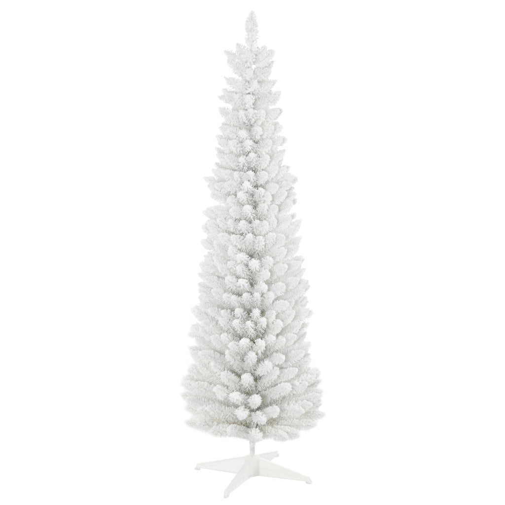 6' Decorated Christmas Tree Snow Flocked Artificial Christmas Tree with Pencil Shape, Realistic Branches, White