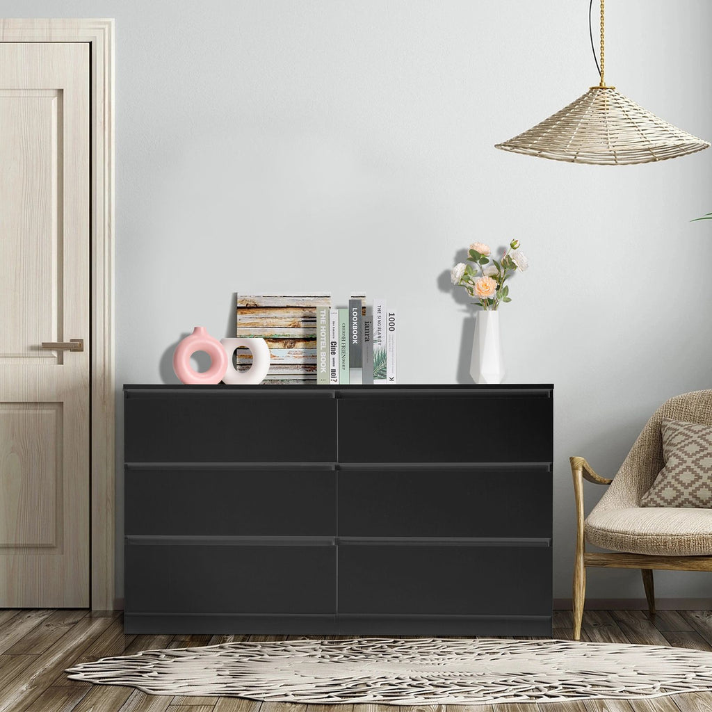 [] 6 Drawer Double Dresser for Bedroom, Wide Storage Cabinet for Living Room Home Entryway, Black