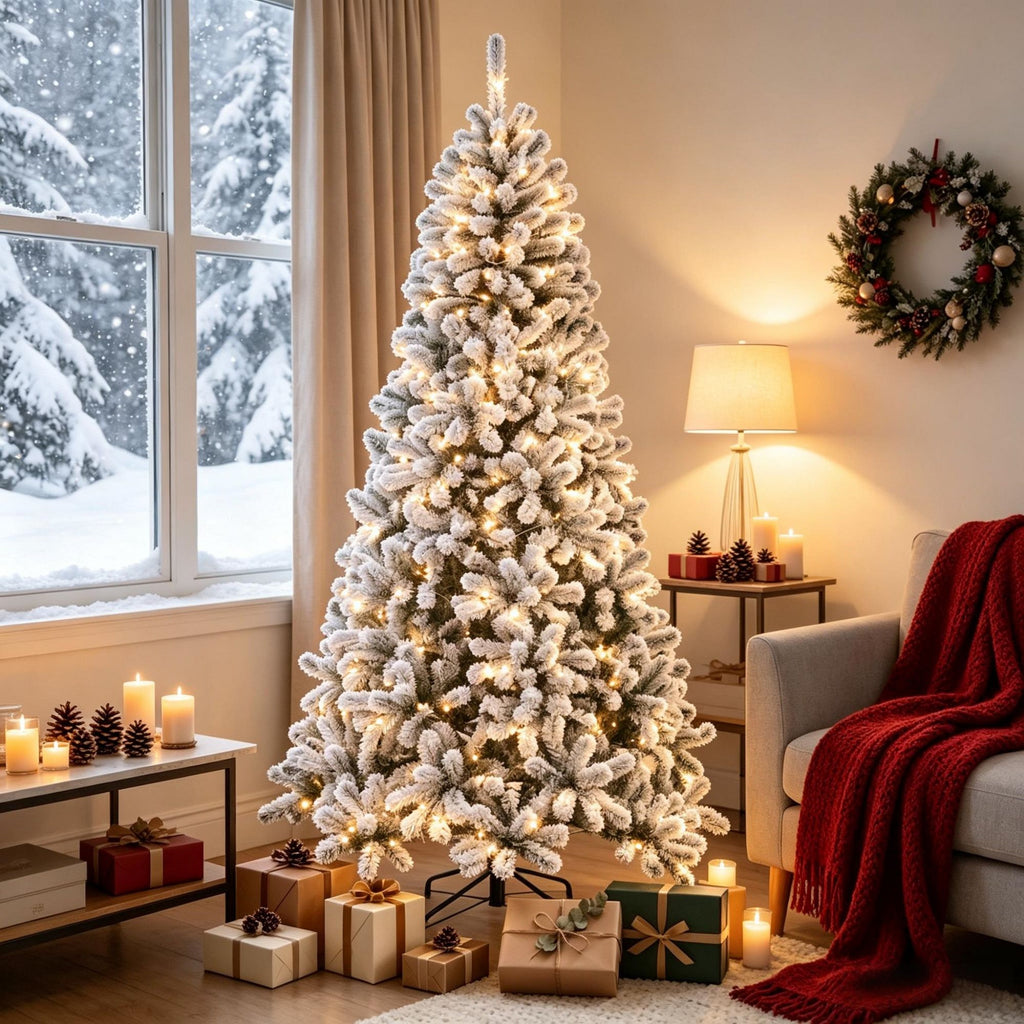6 Foot Flocked Northern Pine Christmas Tree Artificial Xmas Tree Curved Tips LED Lights Indoor Holiday Decor