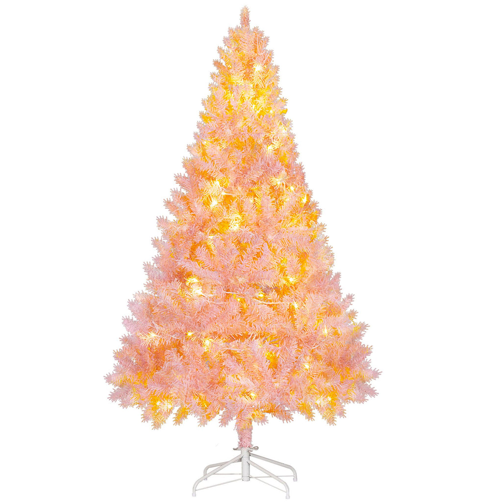6 FT Flocked Christmas Tree, Pre Lit Artificial Christmas Tree w/ Realistic Branches, 250 LED Lights & 1000 Tips, Pink