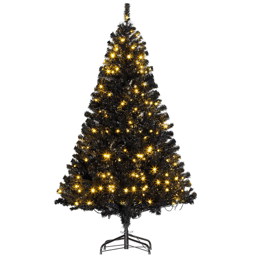 6 FT Flocked Christmas Tree, Pre Lit Artificial Tree w/ Realistic Branches, LED Lights & 1000 Tips, Holiday Decor Indoors, Black
