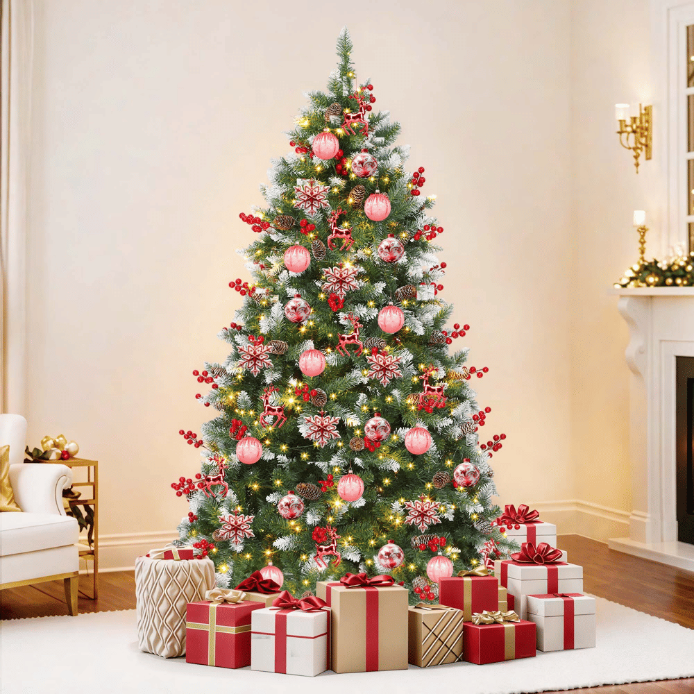 6 ft Pre-lit Artificial Christmas Tree with 818 Tips & 250 Lights,-Green Christmas Tree w/Pine Cones & Red Berries,-Remote Control