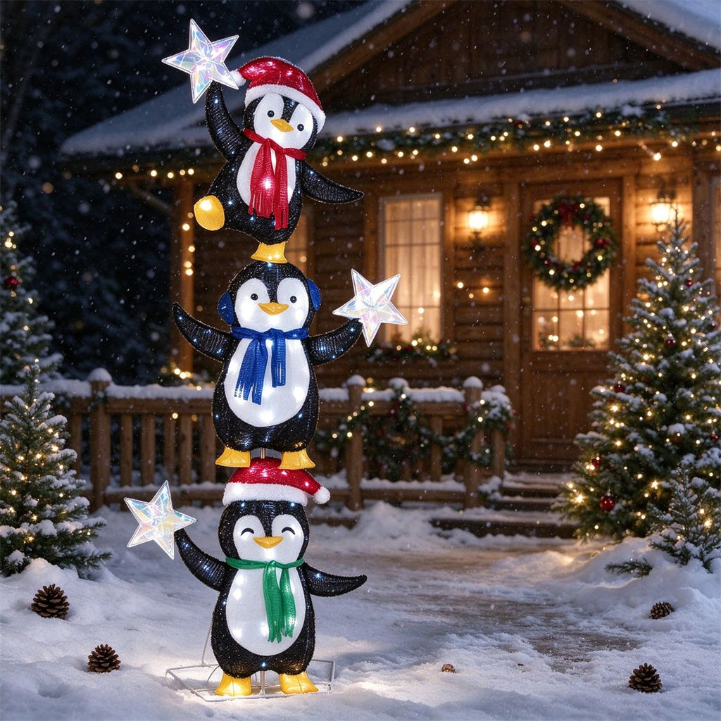 6 FT Pre-Lit Christmas Penguin Trio Decoration, 3 Cute Penguins with Iridescent Stars, Cold White LED Lights, Sequin Plush & Metal Frame, Indoor Outdoor Xmas Yard Decor