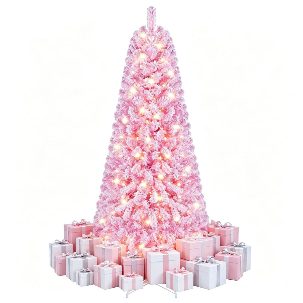 6 FT Pre-Lit Flocked Pink Christmas Tree with 8 Lighting Modes Warm White LED Lights, Hinged Structure Flame-Retardant PVC Tree for Holiday Home Deco
