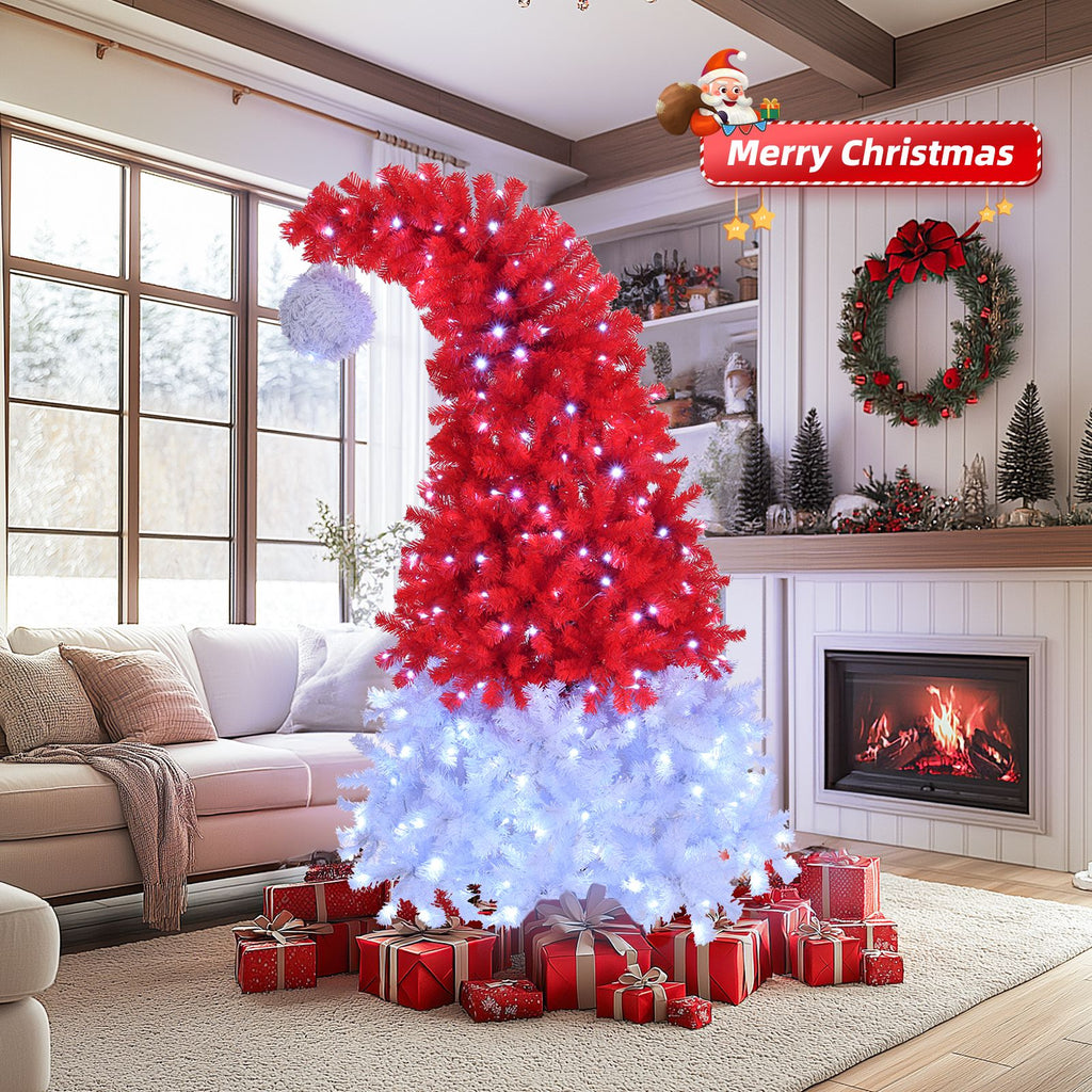 6 FT Santa Hat Style Pre-lit Christmas Tree, Hinged Artificial Xmas Tree Pine Tree with 300 Lights, 1050 Branch Tips for Holiday Party Store Office Home, Red & White