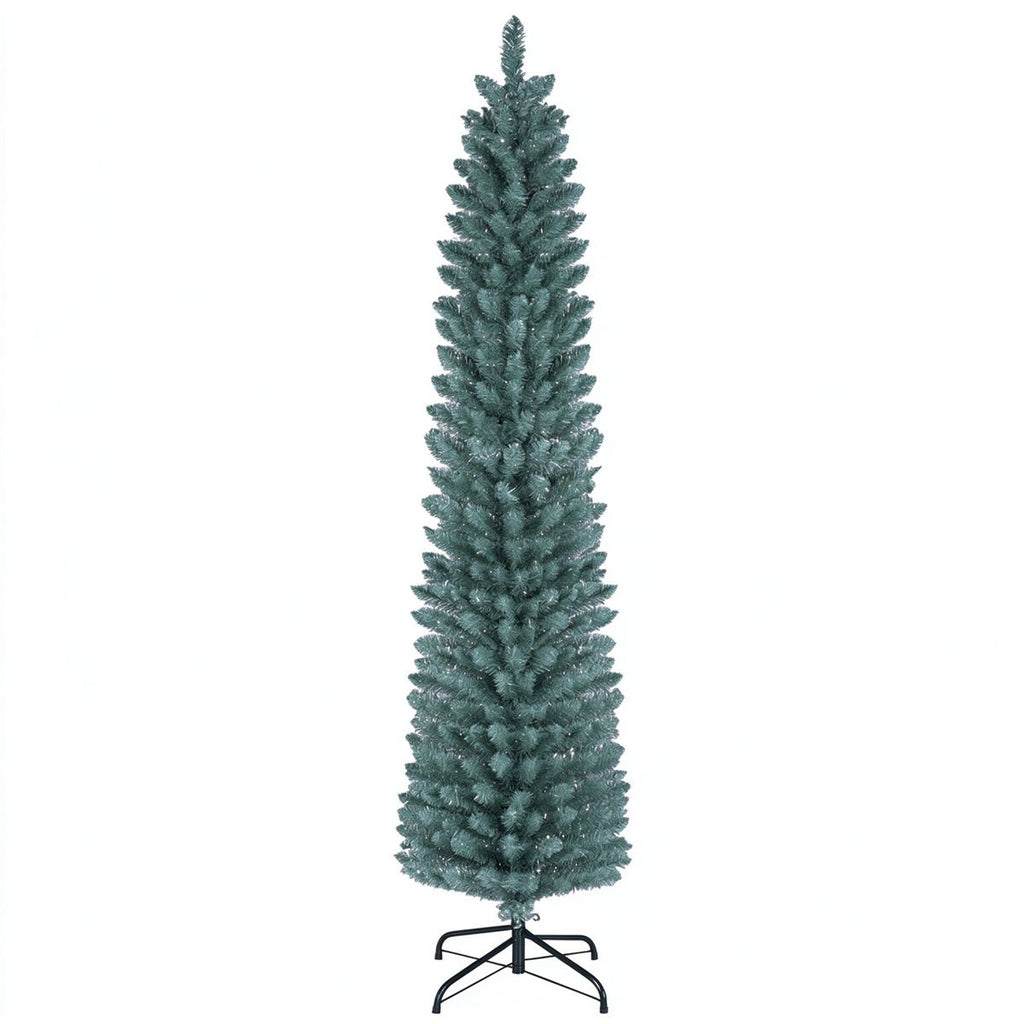 6 FT Slim Pencil Artificial Christmas Tree, Frosted Gray-Green & Silver Needles, Flame Retardant PVC, Foldable Crossed Metal Base for Small Spaces Indoor Holiday Decor