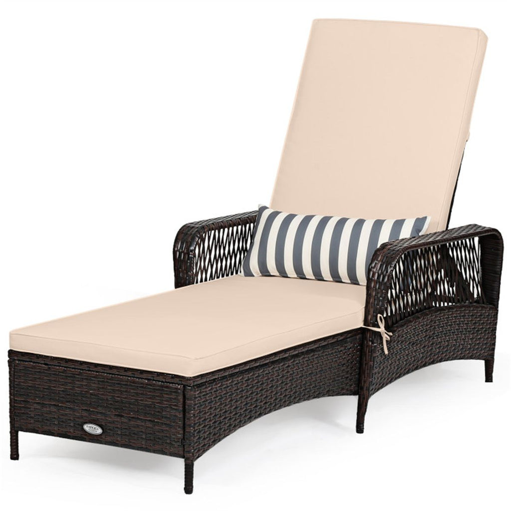 6-Gear Adjustable Patio Chaise Lounge, 200.66×73.66 cm Brown PE Wicker Recliner with Beige Cushion, 400 lbs Capacity for Outdoor Poolside
