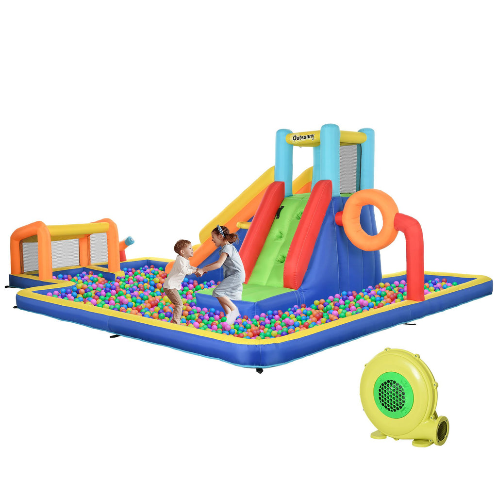 6-in-1 Kids Inflatable Bounce House | Slide, Pool, Climbing Wall, Water Cannon, Basketball Hoop, Football Stand